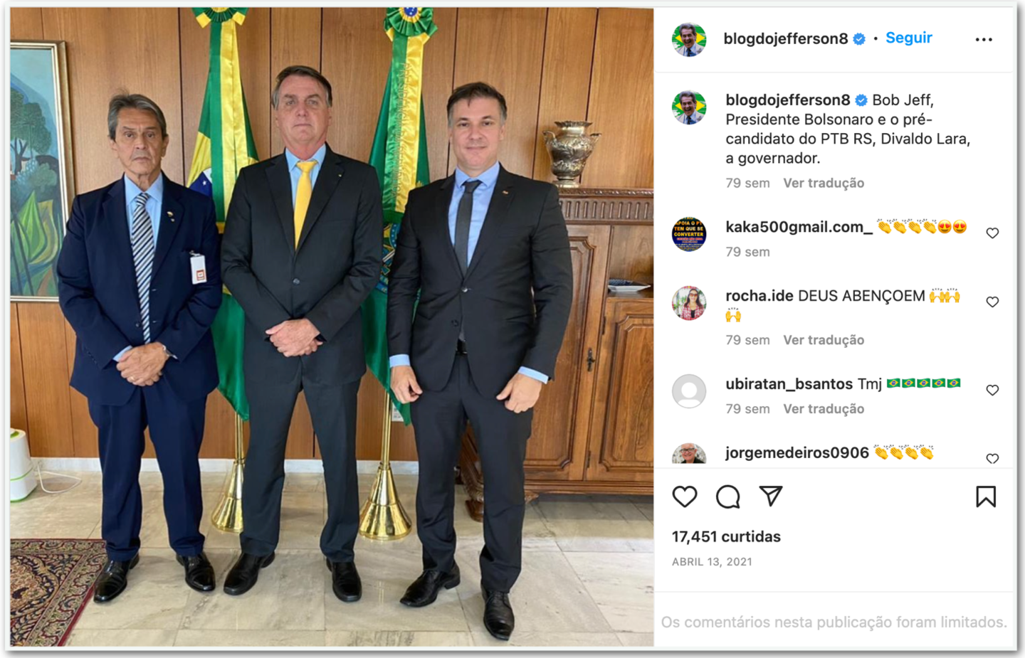 Em 13 de abril de 2021, Jefferson esteve com o prefeito de Bagé e pré-candidato do PTB ao governo do Rio Grande do Sul, Divaldo Lara, no Planalto.