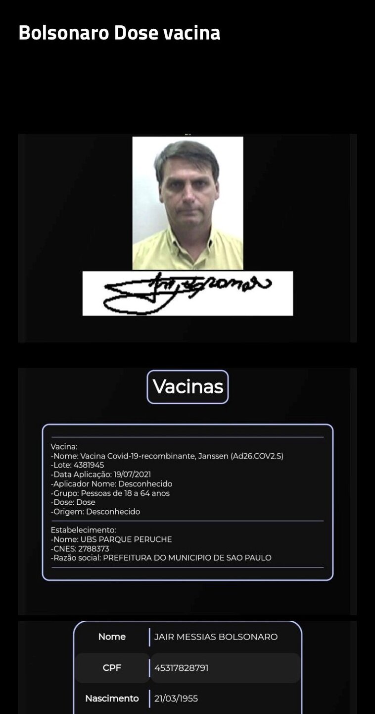 Crédito: Divulgação Anonymous divulga carteirinha de vacinação de Bolsonaro