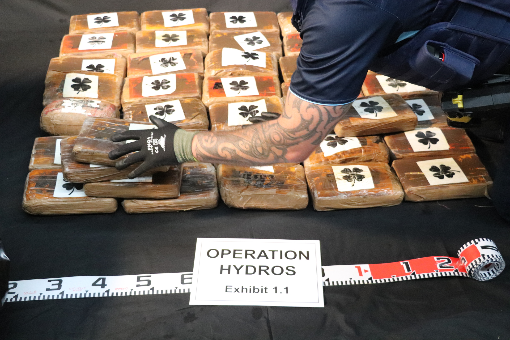 Cocaína recuperada do Oceano Pacífico tinha 'logos' diferentes, uma delas lembra um trevo de 4 folhas. Foto / Polícia da Nova Zelândia