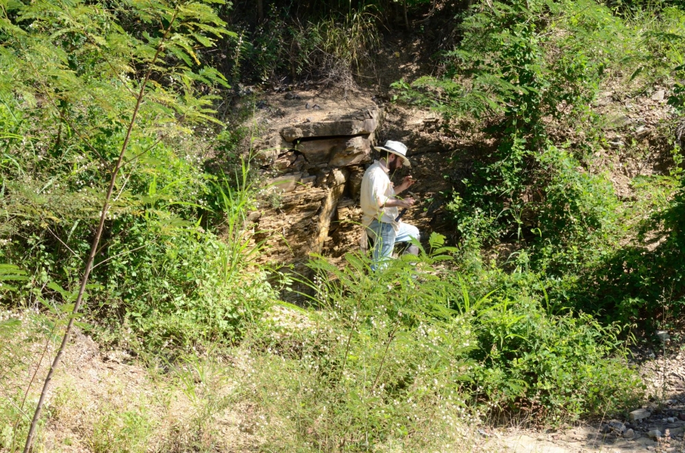 O pesquisador Gabriel Osés busca amostras de Corumbella durante trabalho de campo em Corumbá. Foto: Bruno Becker Kerber