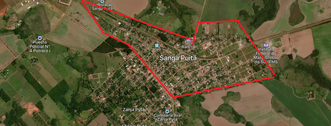 O distrito de Sanga Puitã, na fronteira. Foto: Reprodução | Google Maps