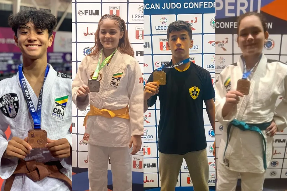 Kauã Yuji, Emilly Vitória, André Lucas e Linda Ágata, medalhistas de MS no Pan-Americano de Judô.  Foto: Arquivo pessoal