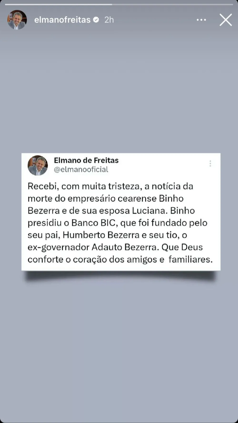 Governador do Cear&aacute;, Elmano de Freitas publicou mensagem lamentando morte de Binho Bezerra  Foto: Reprodu&ccedil;&atilde;o/Redes Sociais