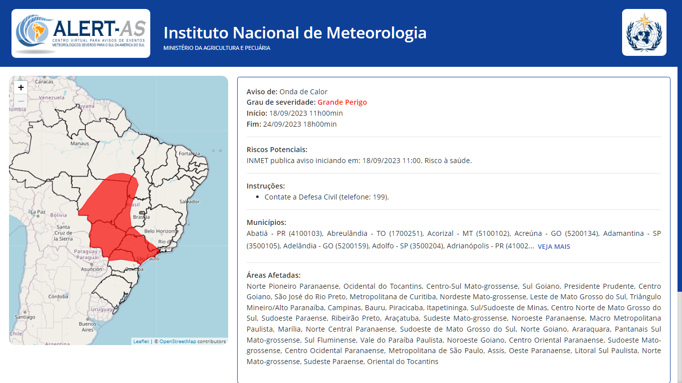 Inmet sinaliza estado de Goi&aacute;s como alvo de calor&atilde;o que oferece grande perigo &agrave; popula&ccedil;&atilde;o. 