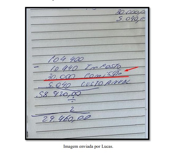 Print do cálculo enviado por Lucas a George com os valores da negociação. (Foto: Reprodução)