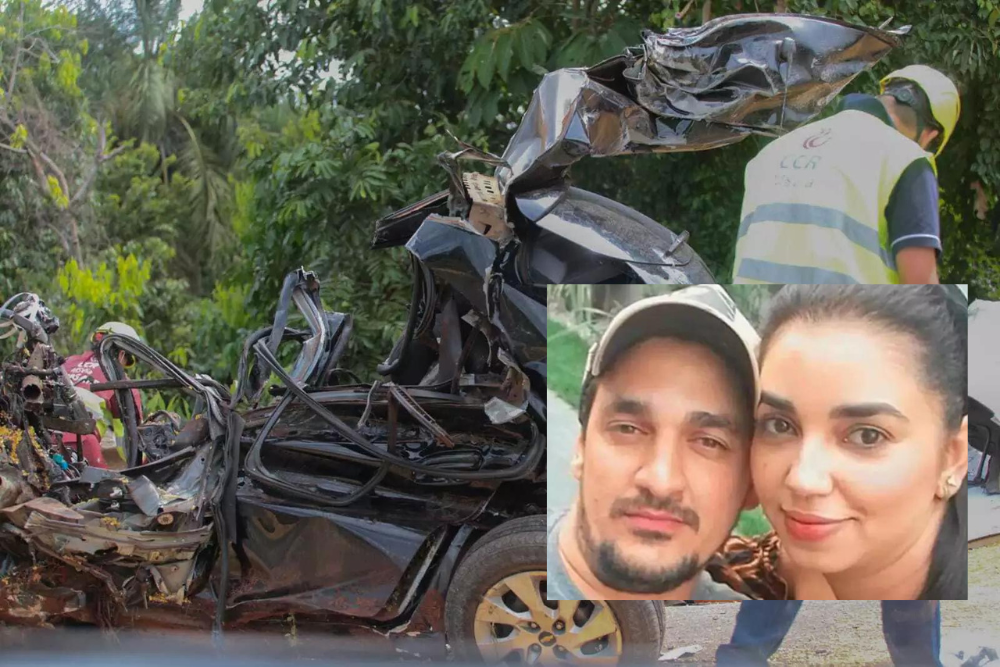 O casal lado a lado numa imagem de rede social. Ao fundo, o veículo Onix em que estavam, completamente destruído após o acidente. Foto: Marcos Maluf, Campo Grande News