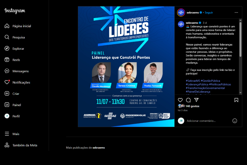 A publicação foi feita na página oficial do Instagram do Sebrae-MS exaltando a 'Musa do Veneno'.
