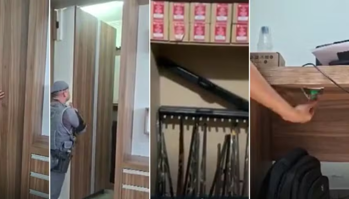 Policial descobriu uma porta secreta aberta por um botão em baixo de uma mesa acionado com chave digital  Foto: Polícia Civil/Divulgação